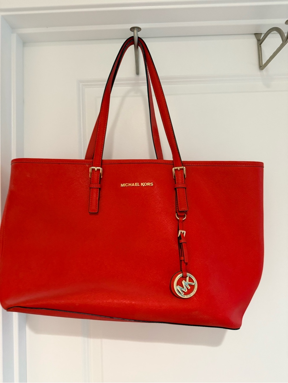 Michael Kors Bright Orange Saffiano Leather Tote with MK Charm